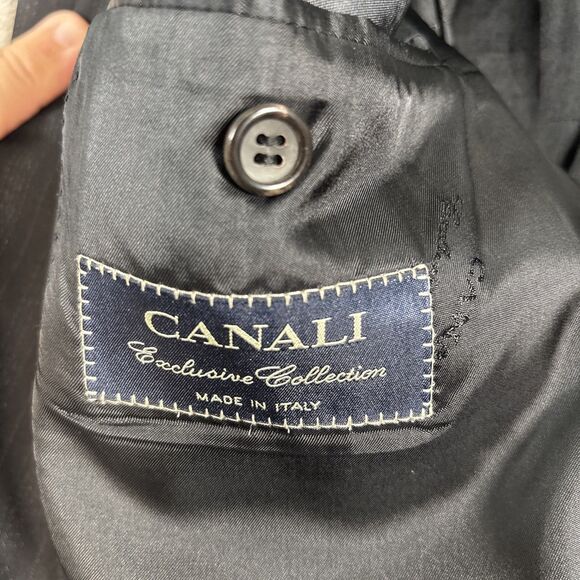 Canali Blazer Suit Jacket Men’s Size 46R Black Gray Stripes Super 200s Harrods - Picture 10 of 16